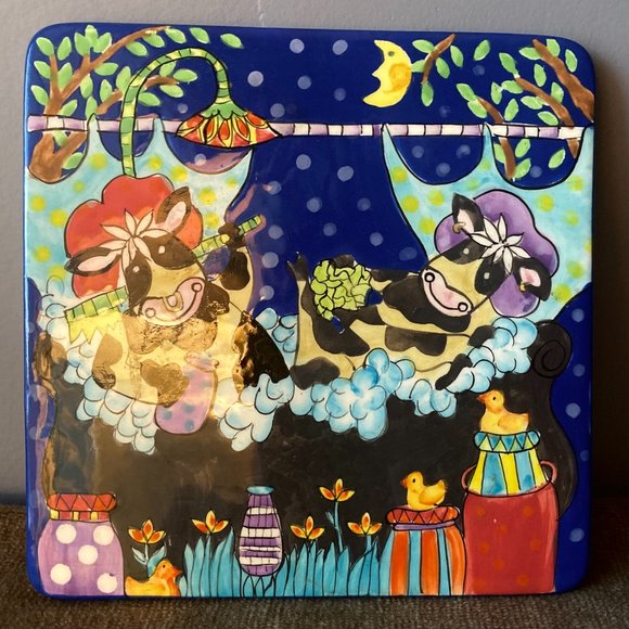 Vintage Wooly Dreams 6 inch Square Plate Cows Taking a Bubble Bath Lula Chang - Picture 1 of 3